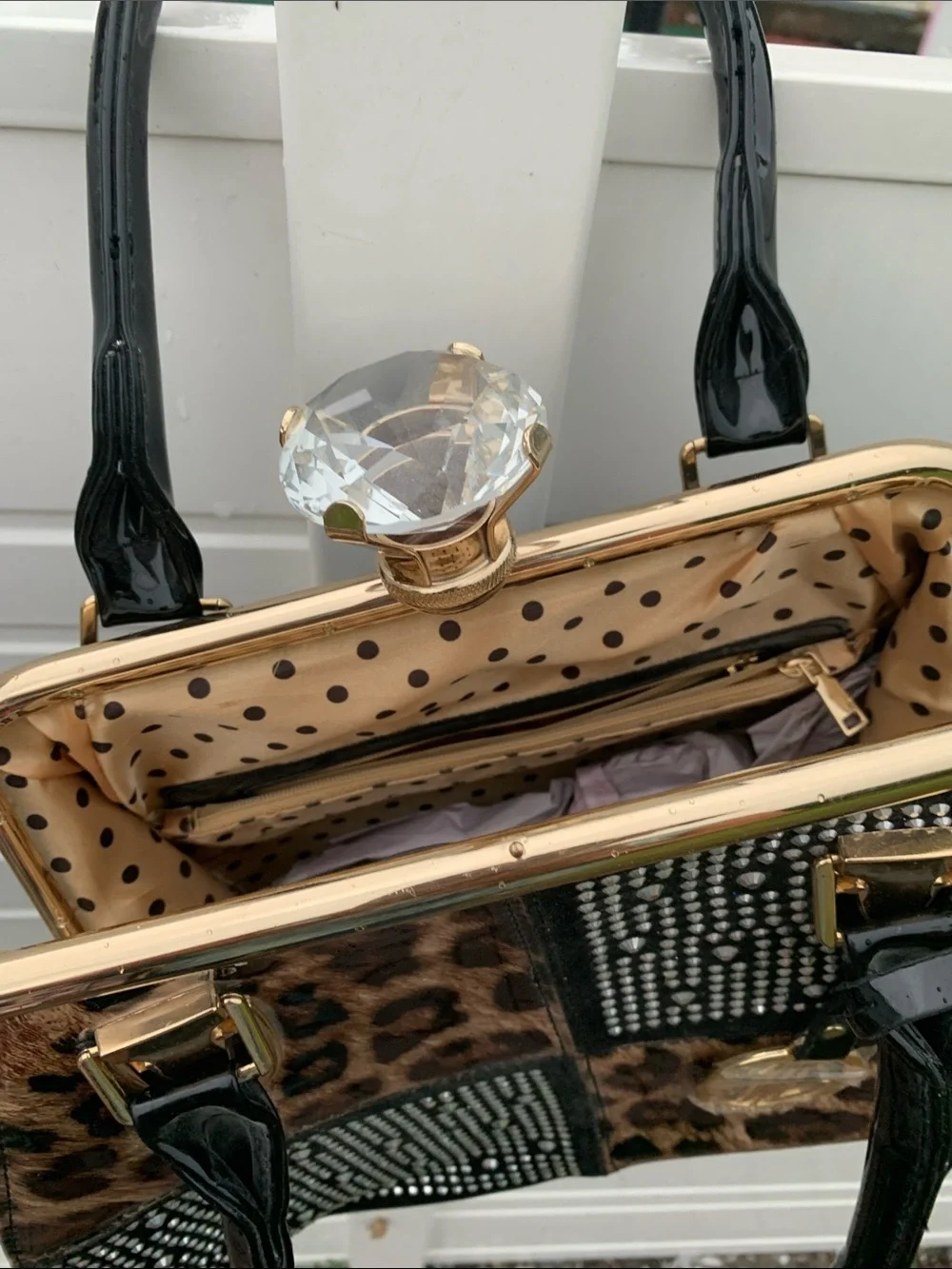Leopard Patchwork Satchel with Studded Accents - Black/Brown